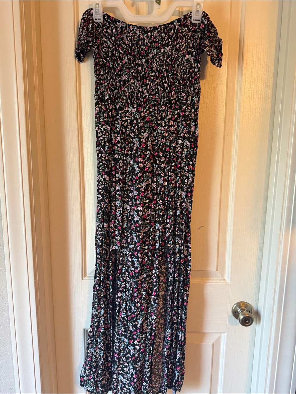 Amazon Black Off-Shoulder Maxi Dress with Pink & White Floral Print